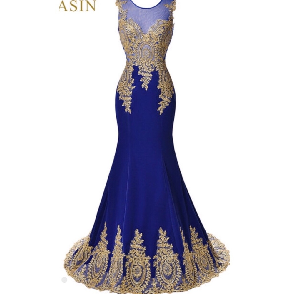 Custom blue satin evening gown with gold lace